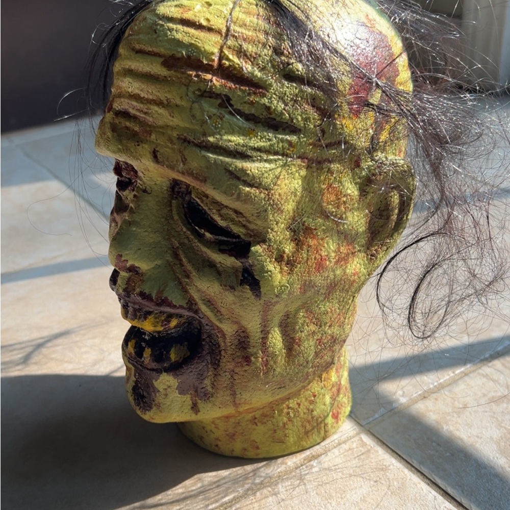 Zombie Head Sculpture - Green and Brown